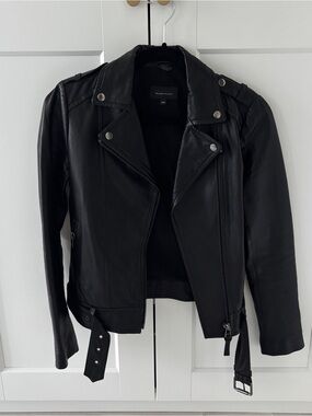 Mackage for Aritzia Black Leather Moto Jacket with Belted Hem